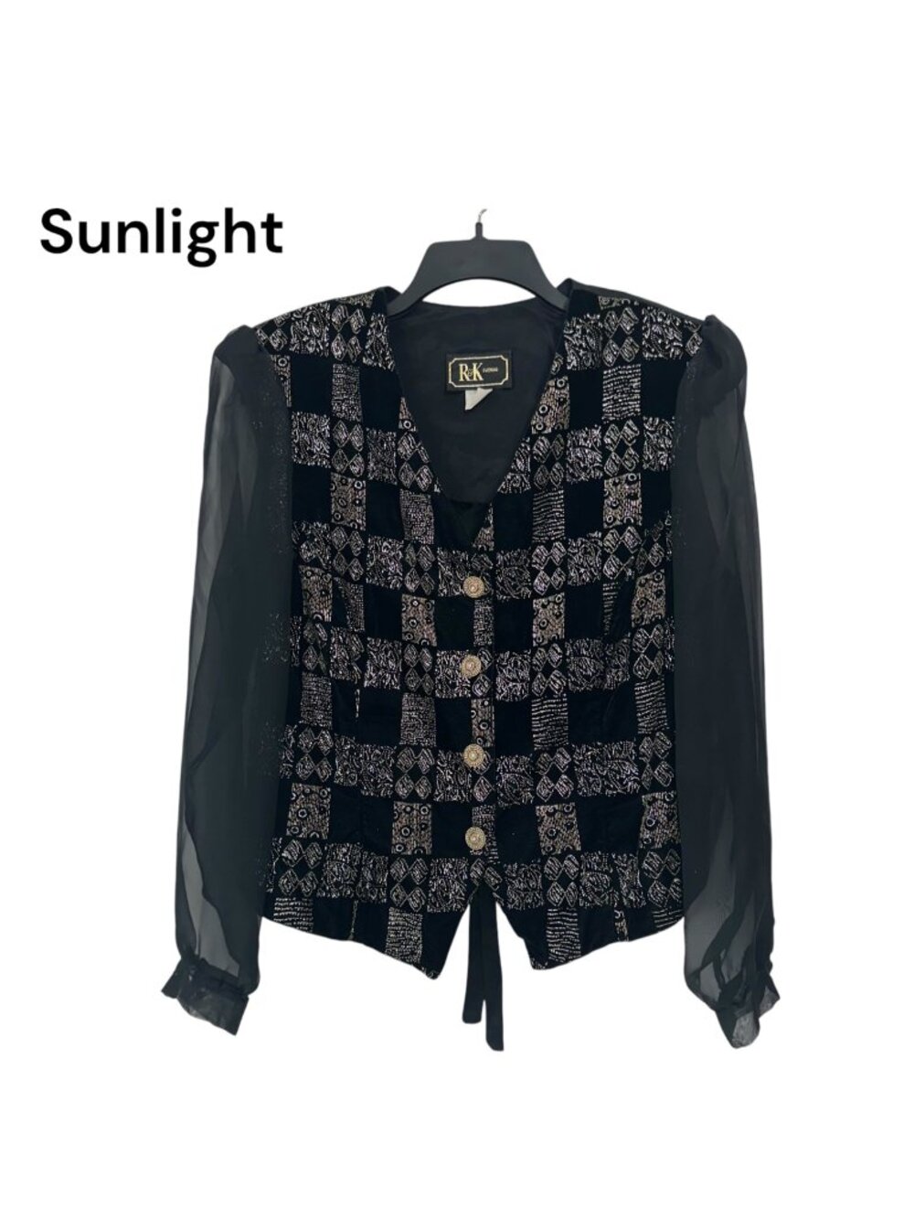 VINTAGE 90' R&K Evenings Black & Gold Sheer Sleeve Buttoned Blouse SZ X-Large